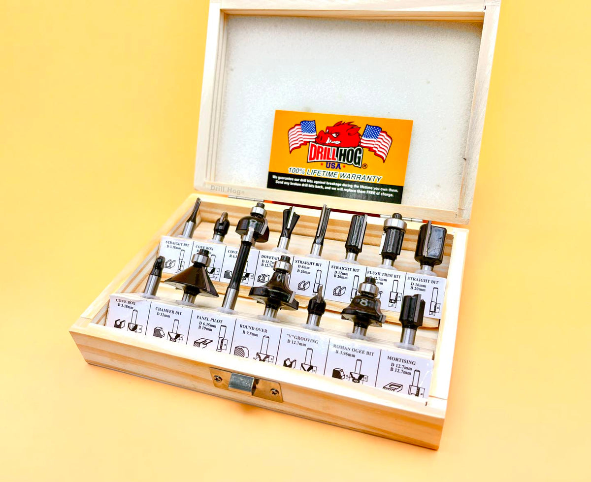 Drill Hog® 15 Piece Super Premium Carbide Router Bit Set Lifetime Warr